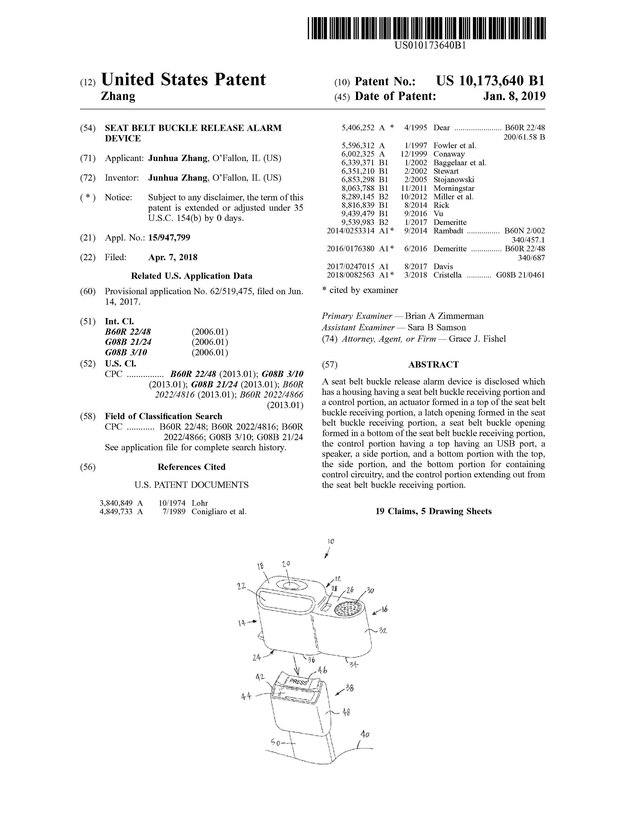 Buy the patent Seat belt buckle release alarm device (Patent for sale)